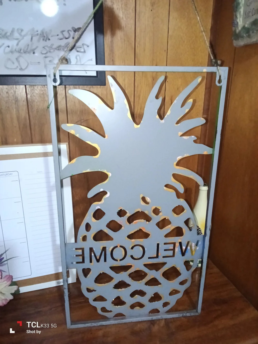 Green and Silver Pineapple Welcome Wall Decor